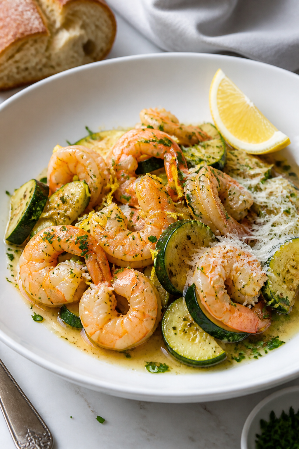 Final plated dish beauty: Garlic Butter Shrimp Zucchini Skillet elegantly plated in a wide, shallow