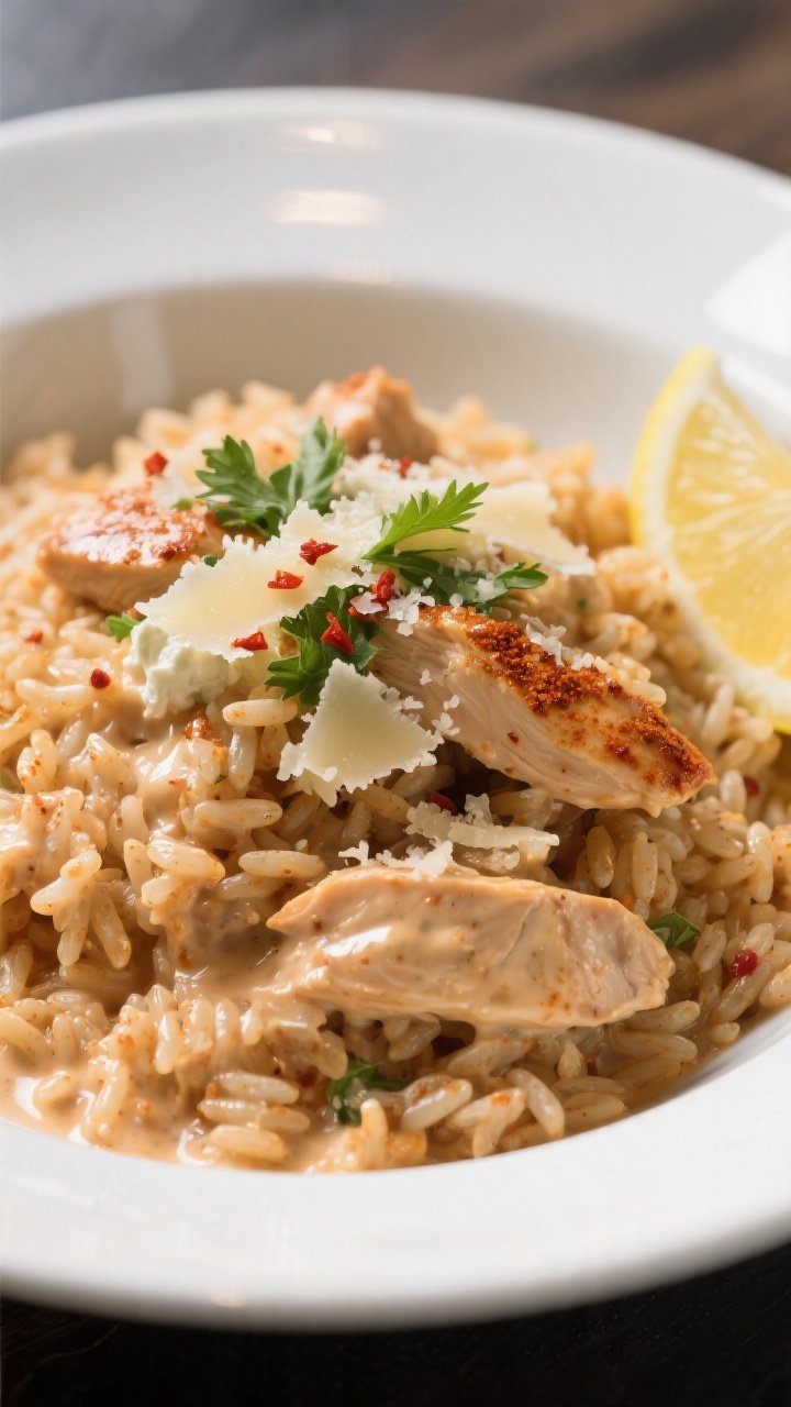 Final plated dish beauty: Restaurant-quality bowl of creamy Cajun chicken rice plated high and lush,