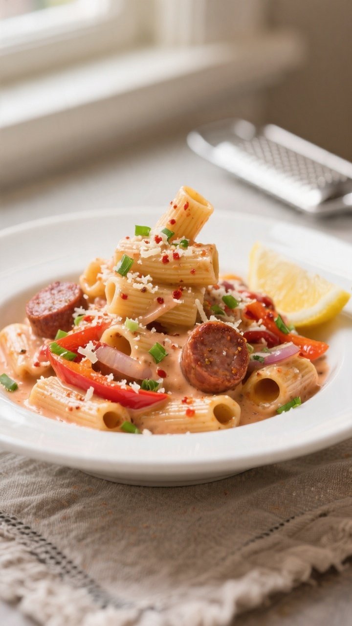 Final plated dish beauty shot: Creamy Cajun sausage pasta (rigatoni) twirled high in a warm rosy-tin