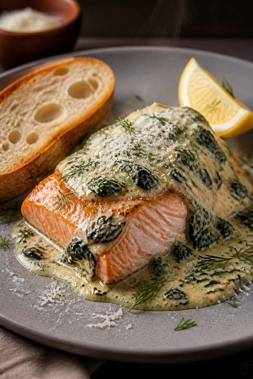 Final plated dish beauty shot: Creamy Spinach Salmon Bake served on a matte grey dinner plate, salmo