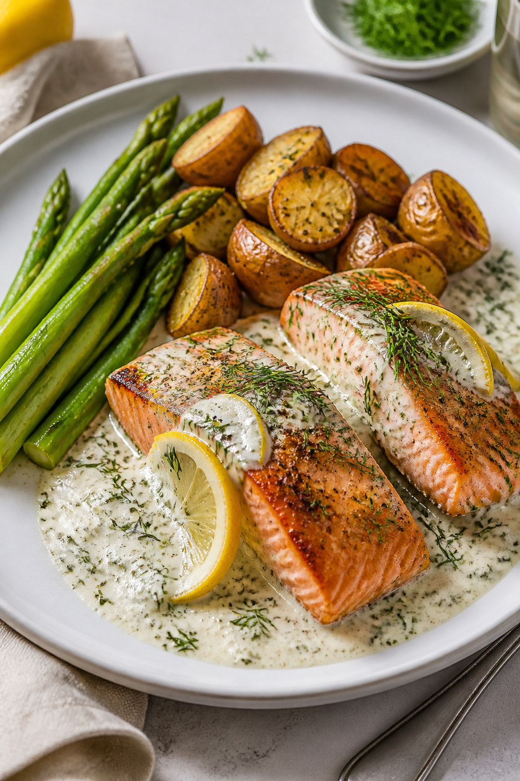 Final plated dish, beauty shot: Healthy Creamy Dill Salmon plated restaurant-style—two flaky salmo