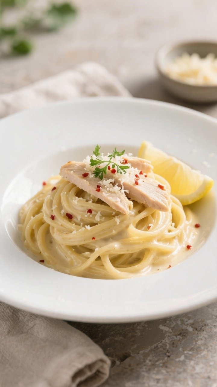 Final plated dish, beauty shot: Restaurant-quality plate of Creamy Chicken Alfredo Pasta twirled int