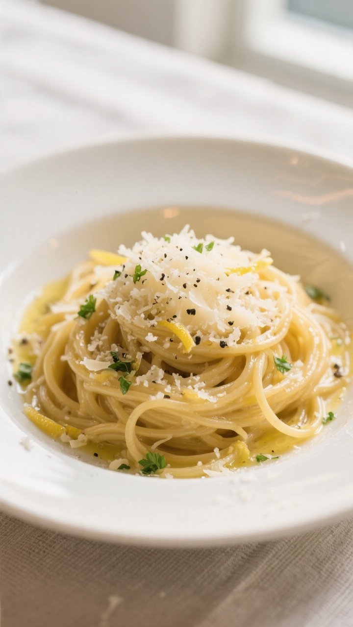 Final plated dish beauty: Twirled nest of spaghetti coated in glossy garlic-butter-Parmesan sauce, s