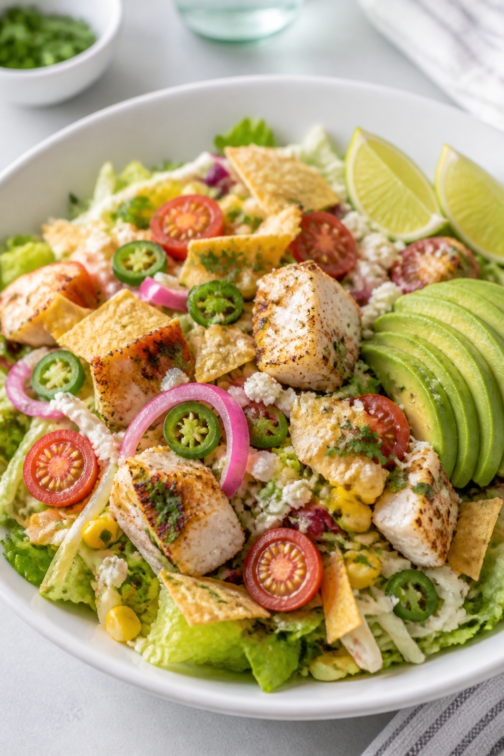 Final plated dish, : Cilantro Lime Fish Taco Salad in a wide shallow white bowl—bed of romaine and