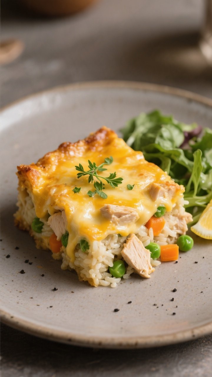 Final plated dish – Cozy, restaurant-quality presentation: A generous square of Cheesy Chicken & R