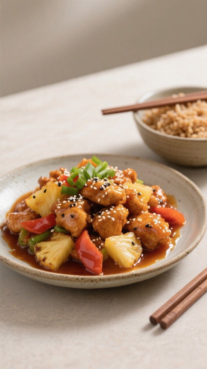 Final plated dish, hero shot: Beautifully plated Sweet & Sour Chicken piled high in a shallow cerami