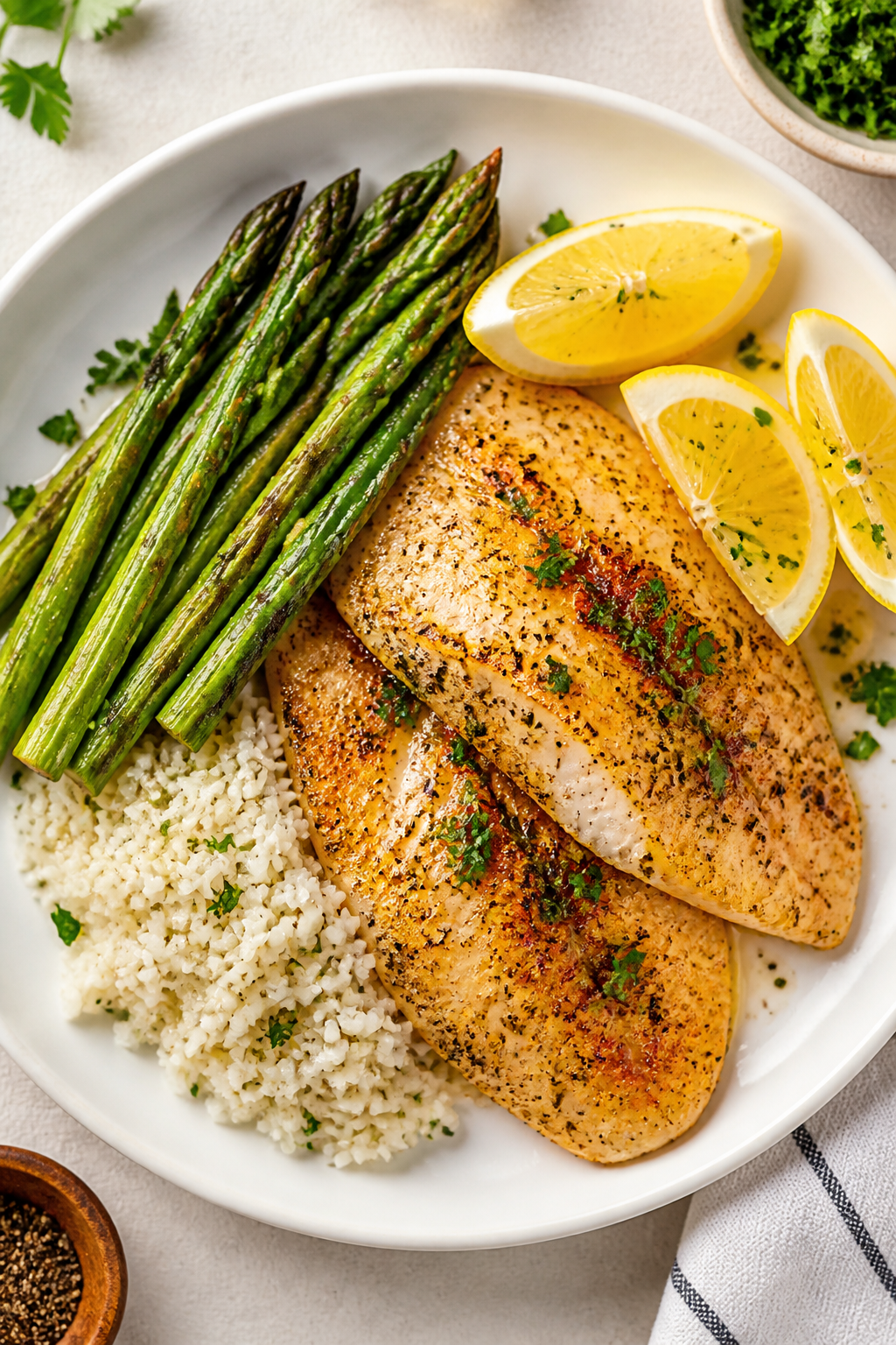 Final plated dish, overhead: Tasty top-view of Air Fryer Lemon Pepper Tilapia on a white ceramic pla