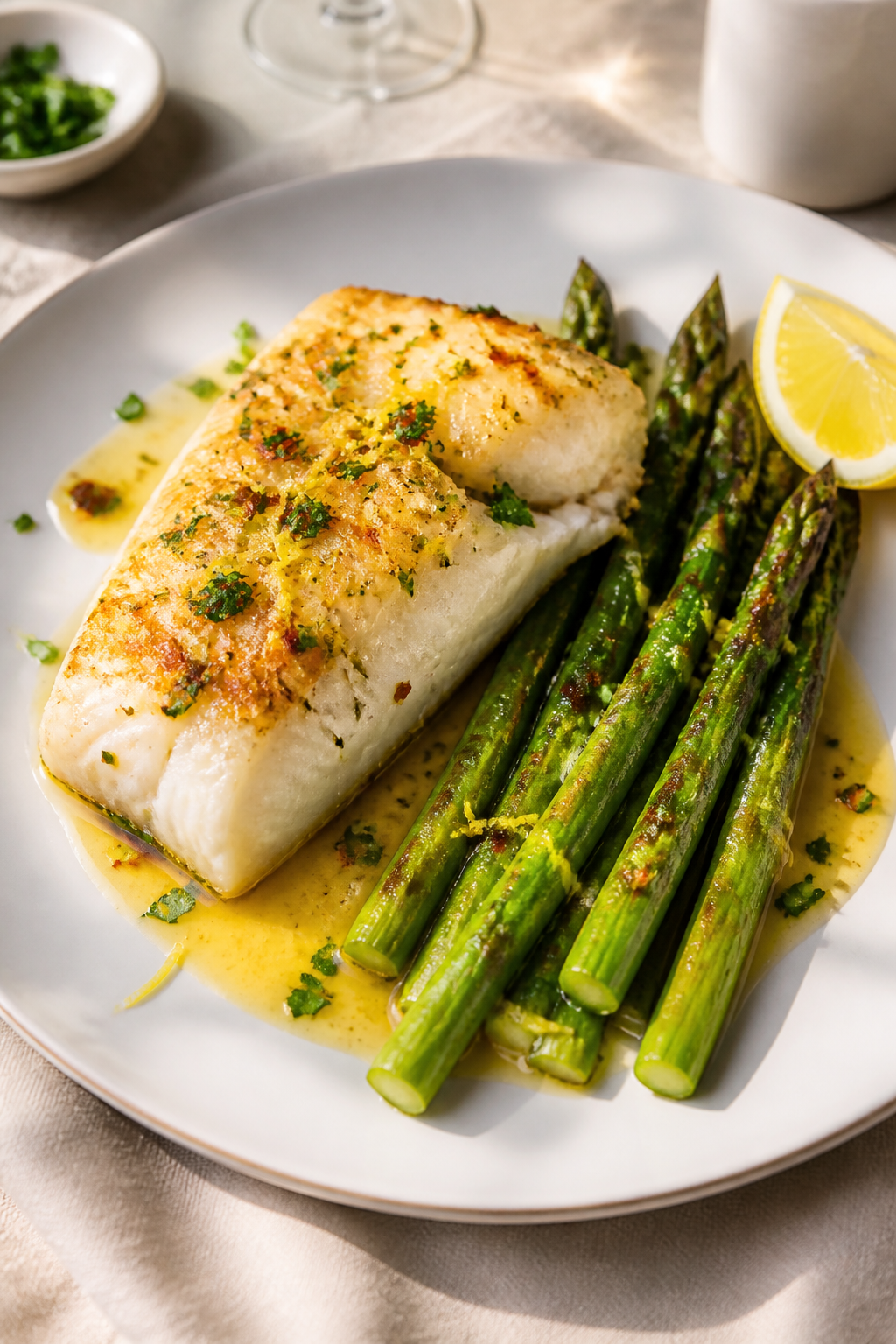 Final plated dish, restaurant presentation: Lemon Butter Cod & Asparagus neatly arranged on a matte