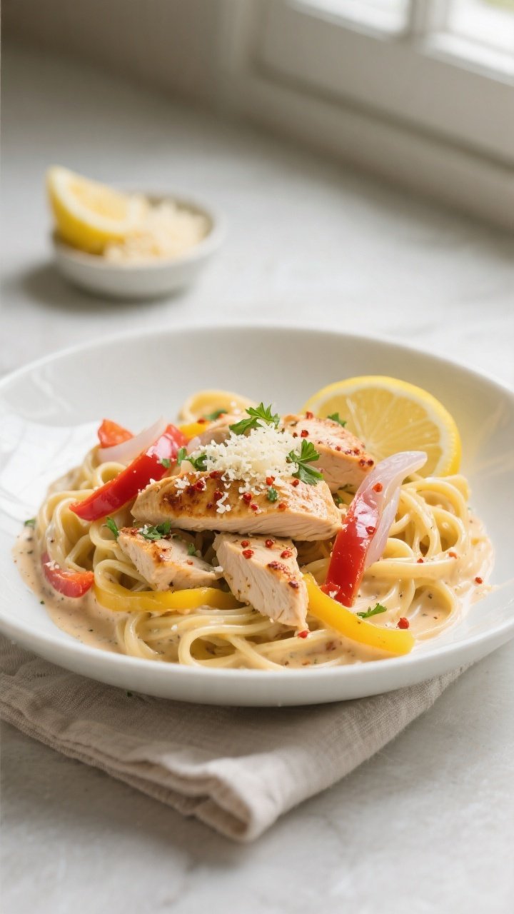 Final plated dish, restaurant-quality: Creamy Cajun Chicken Pasta twirled fettuccine coated in silky