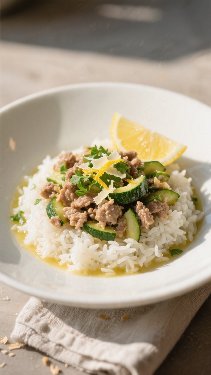 Final plated dish, restaurant-quality: Garlic Butter Ground Turkey Zucchini spooned over fluffy whit