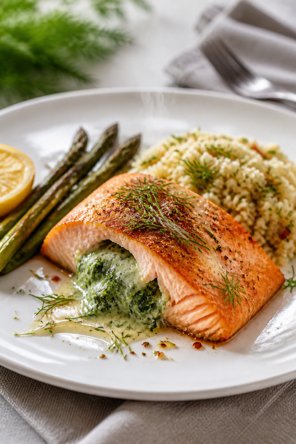 Final plated dish: Restaurant-quality plating of a single creamy spinach stuffed salmon on a white r