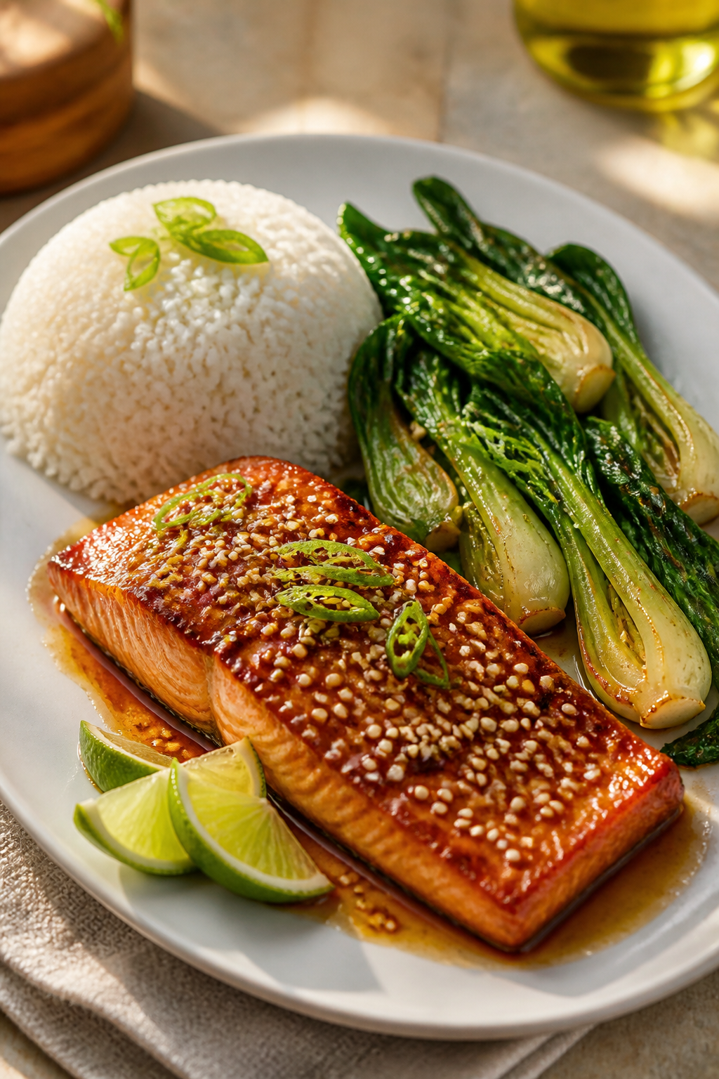 Final plated dish — Restaurant-quality presentation: Beautifully plated Healthy Sesame Ginger Salm