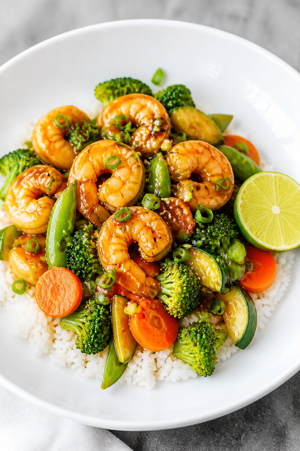 Final plated dish — restaurant-quality presentation: Beautifully plated Healthy Shrimp Stir Fry ov