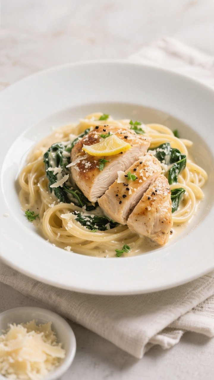 Final plated dish — Restaurant-quality presentation: Beautifully plated Creamy Spinach Chicken on
