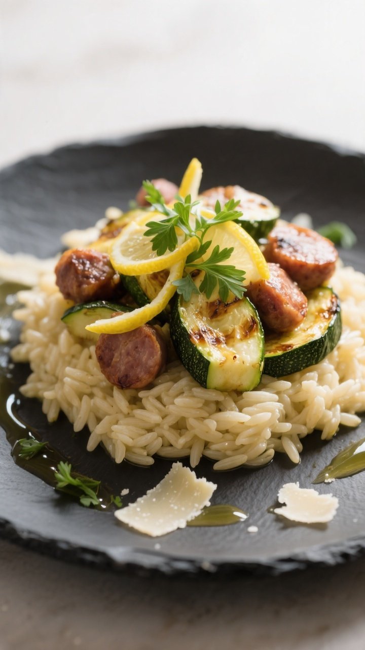 Final plated dish: Restaurant-quality presentation of the roasted zucchini and sausage spooned over 