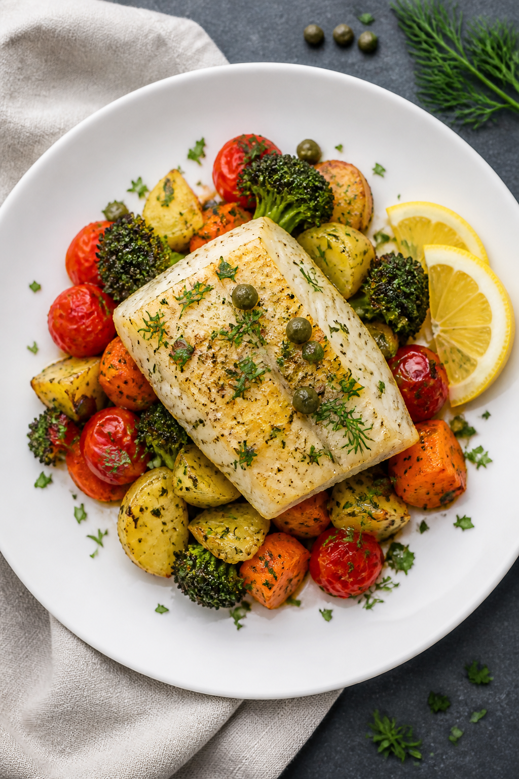 Final plated dish: Restaurant-quality presentation of Lemon Herb Cod with Roasted Veggies on a wide