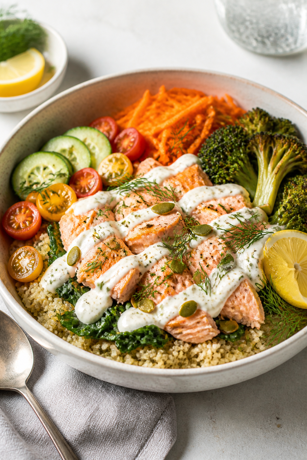 Final plated dish, restaurant-quality presentation: Beautifully plated salmon meal prep bowl in a wi