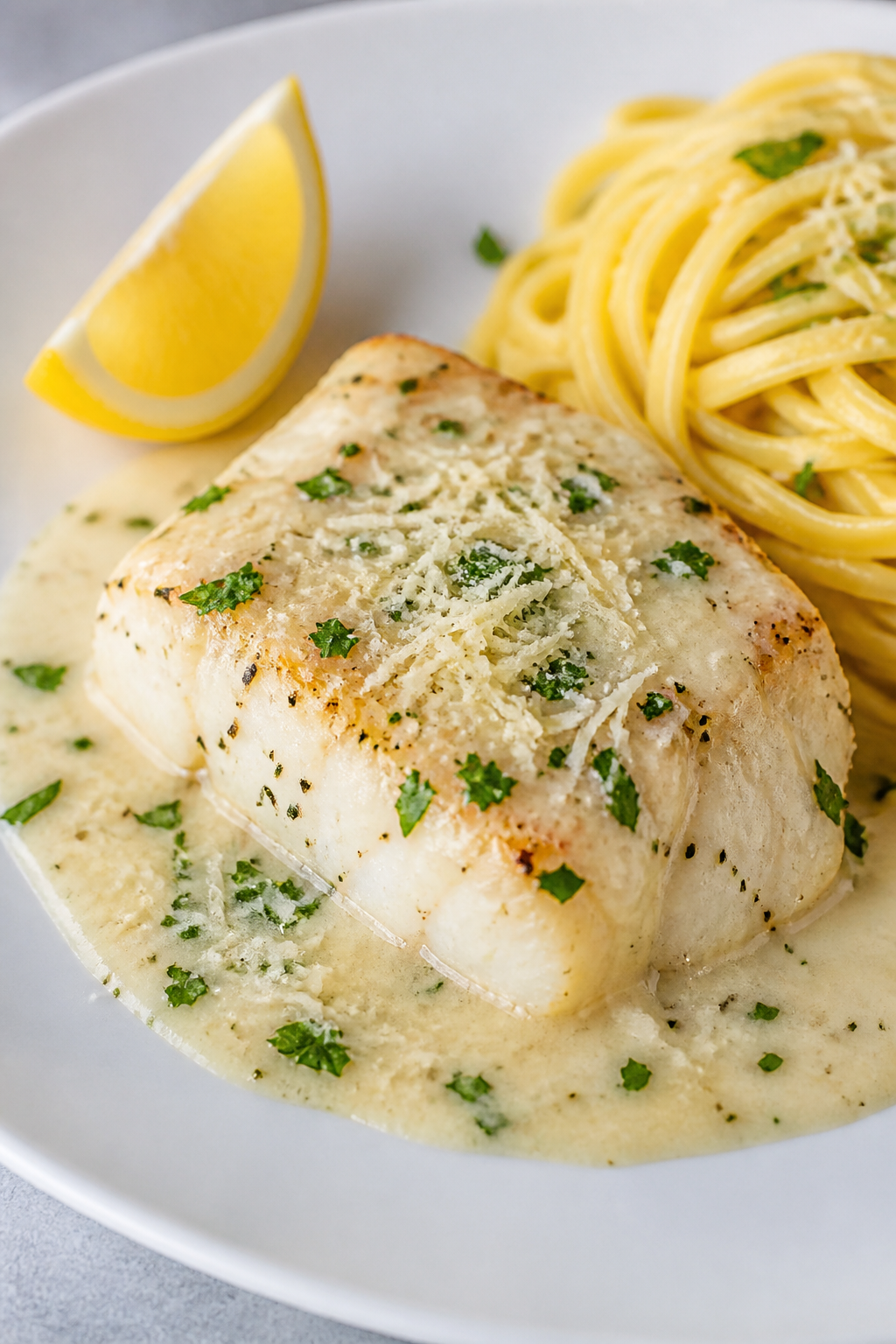 Final plated dish, restaurant-quality presentation: Beautifully plated creamy garlic Parmesan cod on