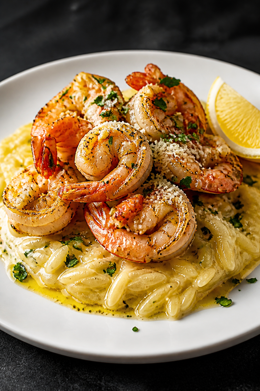 Final plated dish: Restaurant-quality presentation of Garlic Parmesan Shrimp piled onto a shallow wh