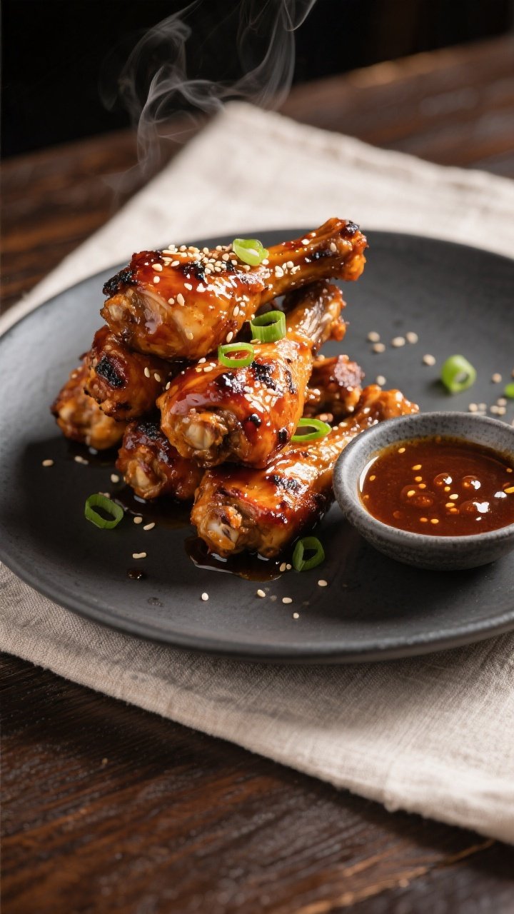 Final plated dish: Restaurant-quality presentation of BBQ chicken drumsticks stacked on a matte char