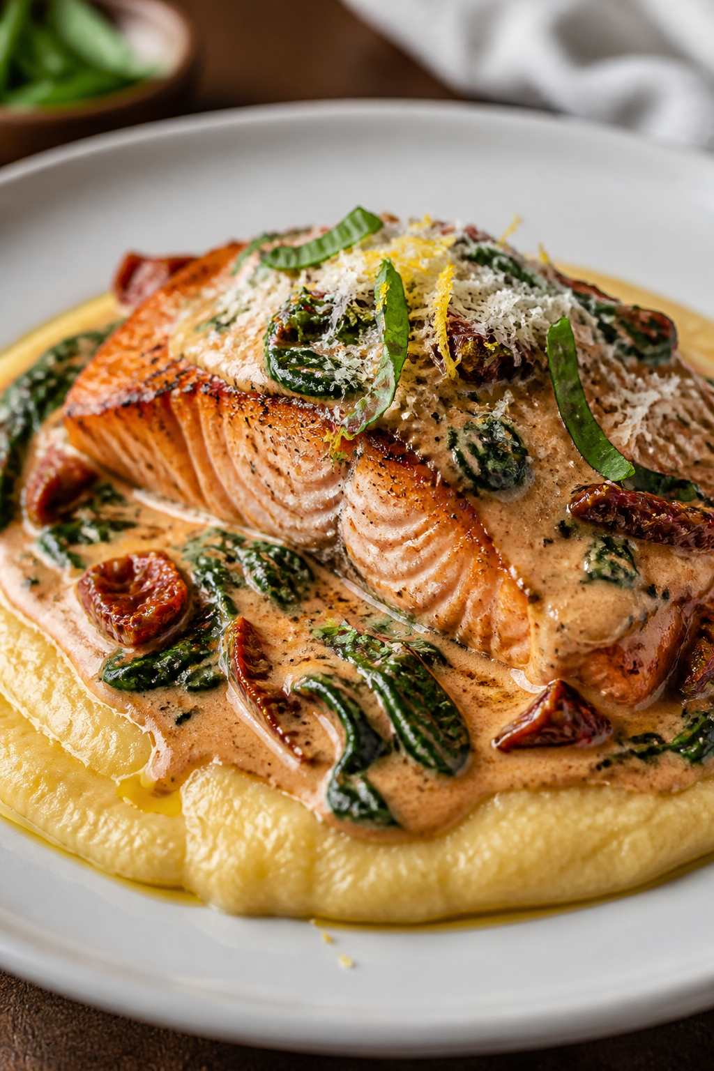 Final plated dish: Restaurant-quality presentation of a single salmon fillet over creamy polenta on