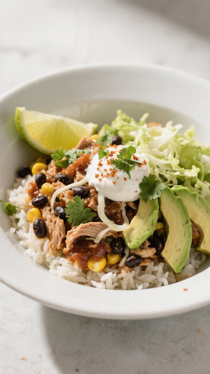 Final plated dish, restaurant-quality: Turkey taco bowl composed over cilantro-lime rice, heaping sp