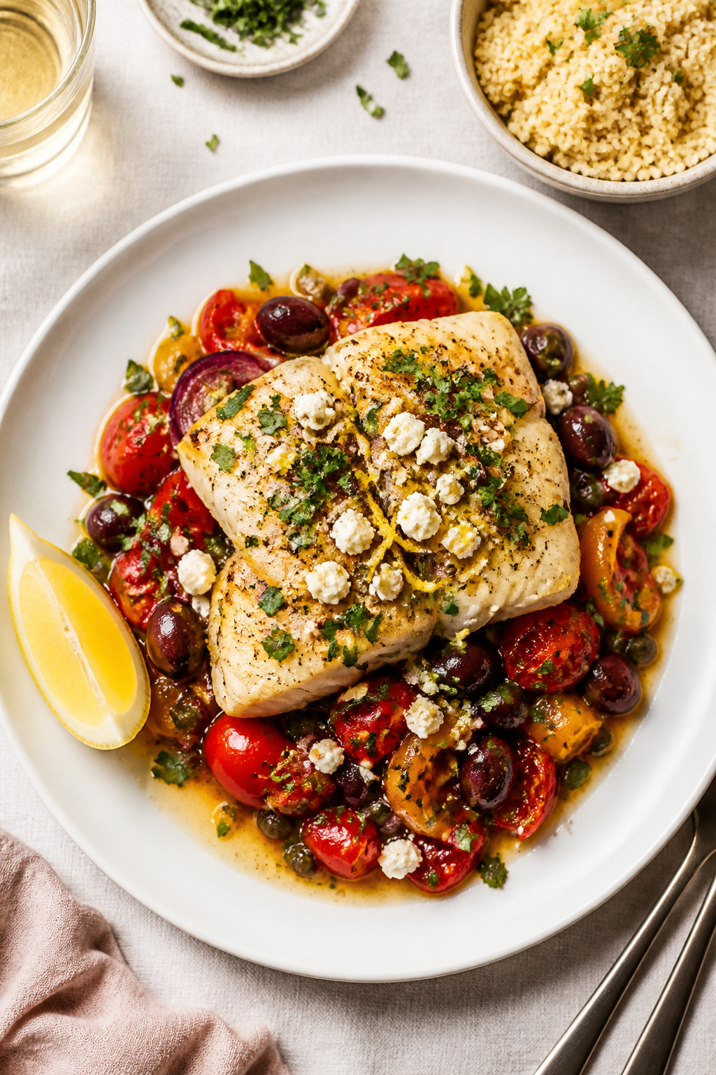 Final plated dish, restaurant-style: Beautifully plated One Pan Mediterranean Cod on a wide white ce