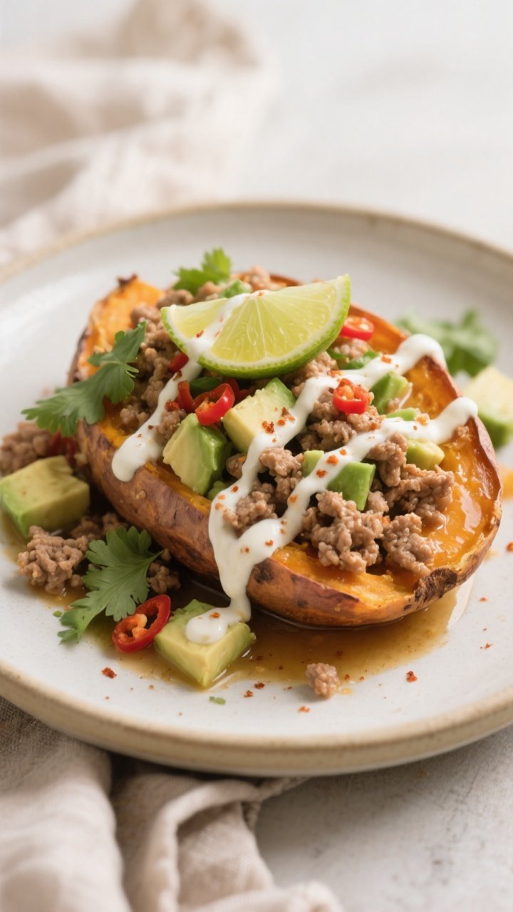 Final plated hero: Beautifully plated Ground Turkey Loaded Sweet Potato on a wide, neutral ceramic p