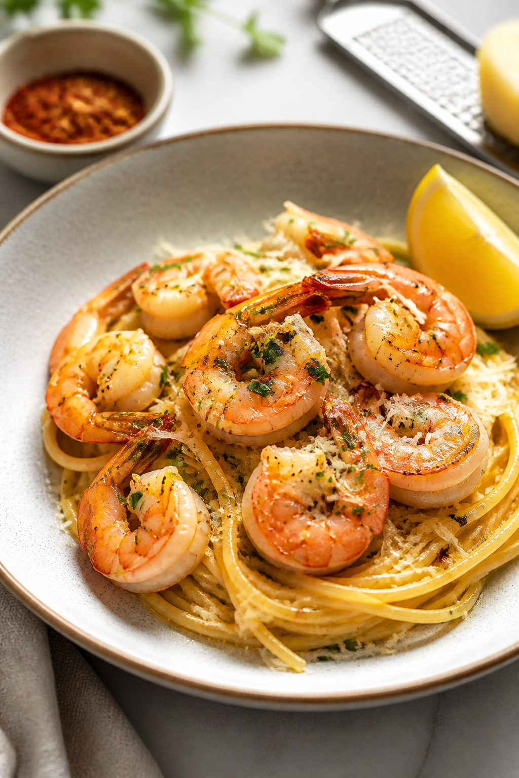 Final plated hero: Beautifully plated Lemon Garlic Butter Shrimp Pasta in a shallow stoneware plate;