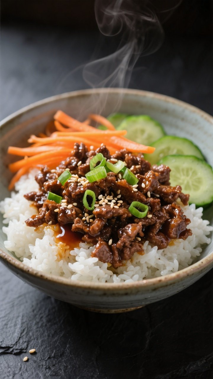 Final plated hero: Beautifully plated teriyaki ground beef bowl in a shallow ceramic bowl—fluffy w