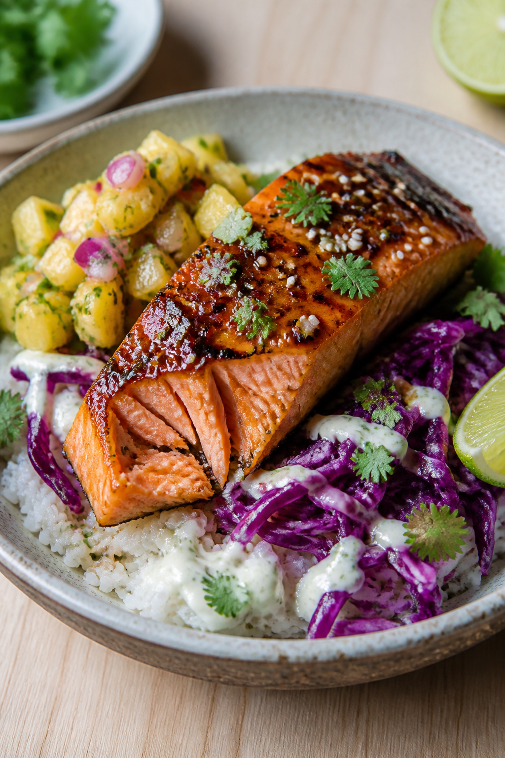 Final plated hero: Restaurant-quality close-up of a finished Pineapple Salmon Bowl—focus on the sa
