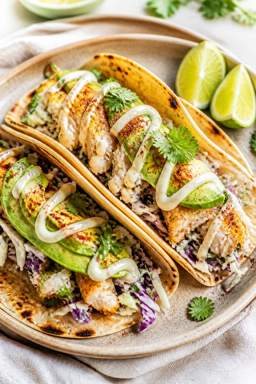 Final plated hero shot: Healthy Baja Fish Tacos assembled on warm, lightly charred corn tortillas, l