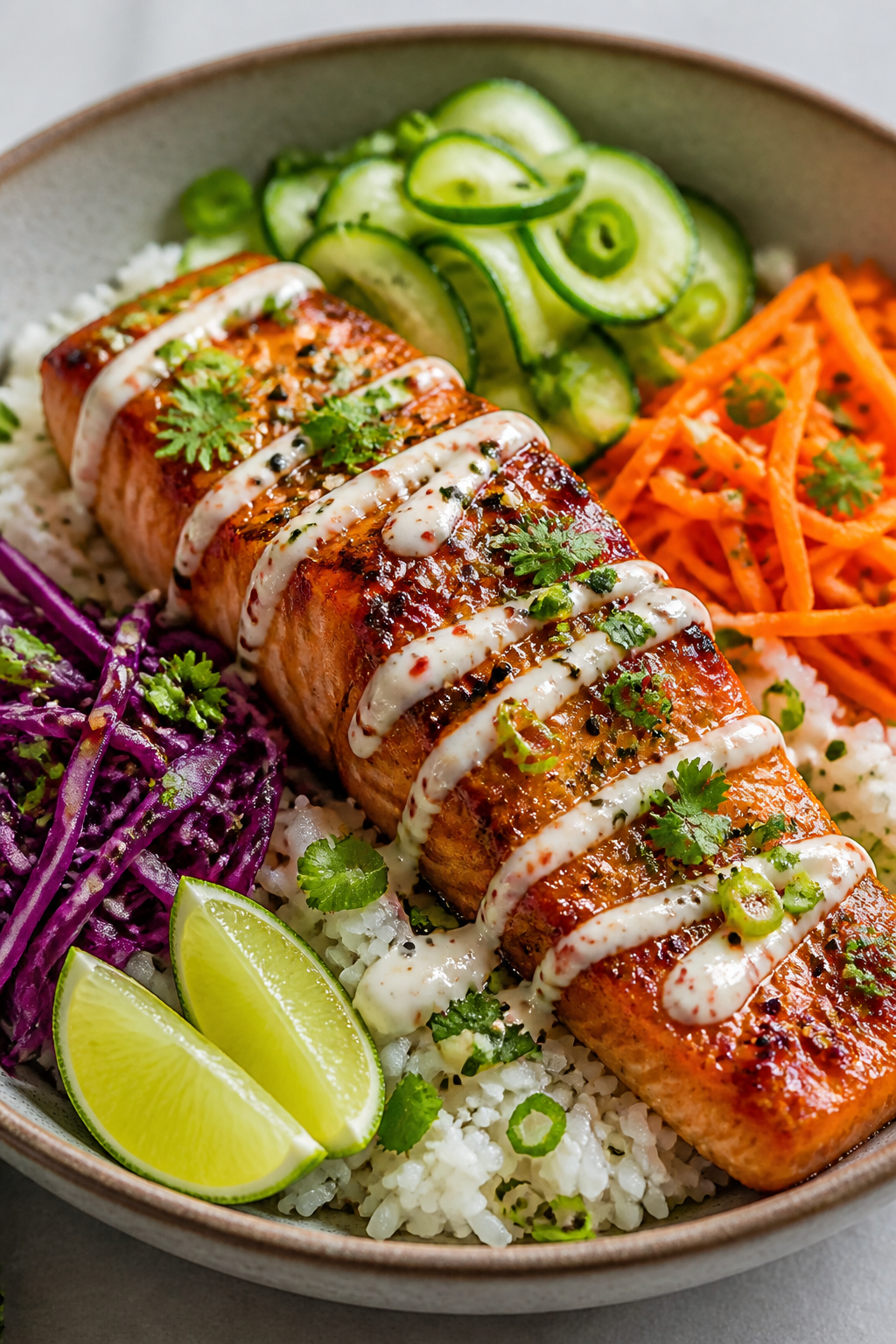 Final plated hero shot: Hot Honey Glazed Salmon Bowl beautifully arranged in a wide, shallow ceramic