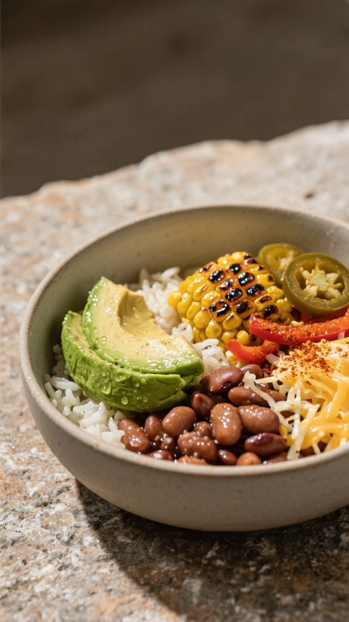 Final plated hero shot: Restaurant-quality close-up of a single burrito bowl angled 3/4 toward camer