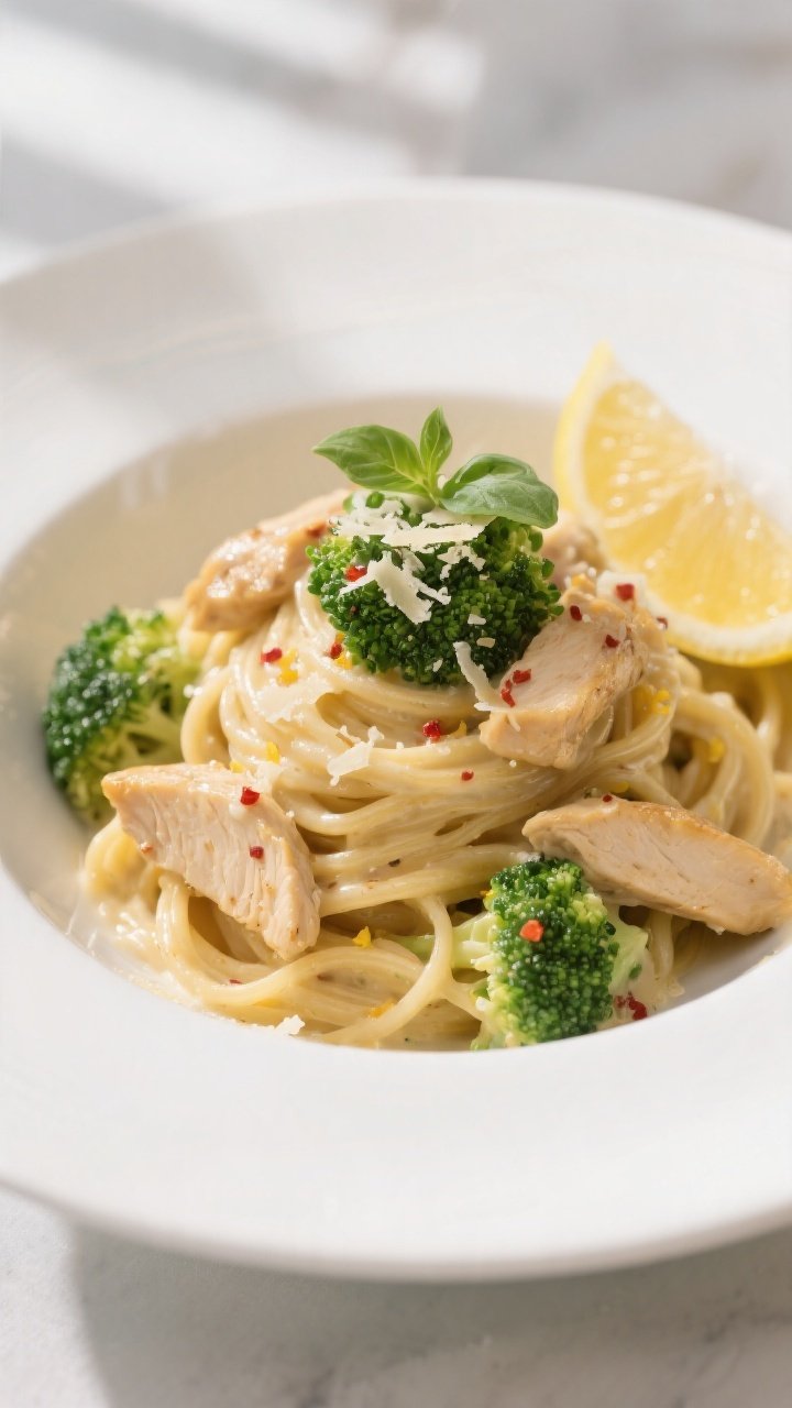 Final plated presentation, close-up detail: Beautifully plated Creamy Chicken & Broccoli Pasta twirl