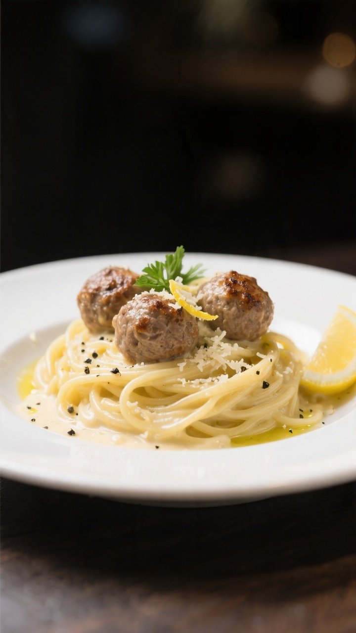 Final plated presentation, close-up detail: Restaurant-quality plate of creamy Alfredo meatball past