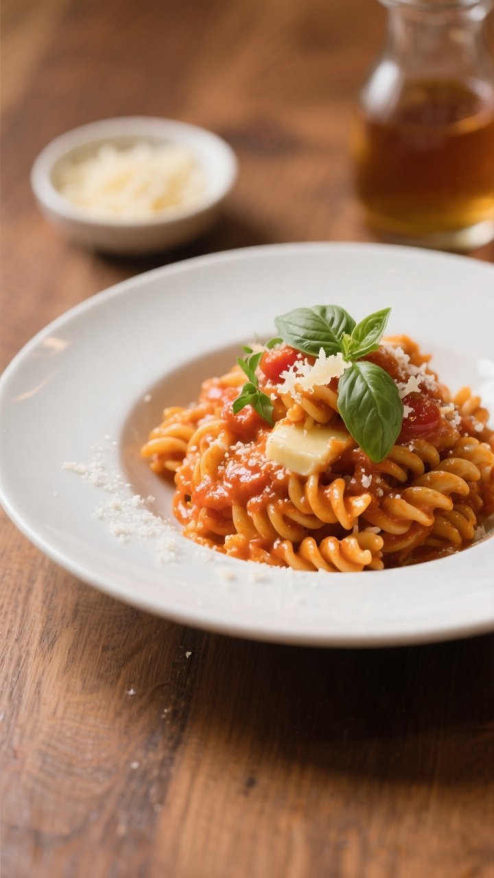 Final plated presentation: Restaurant-quality plate of creamy tomato fusilli twirled high with a glo