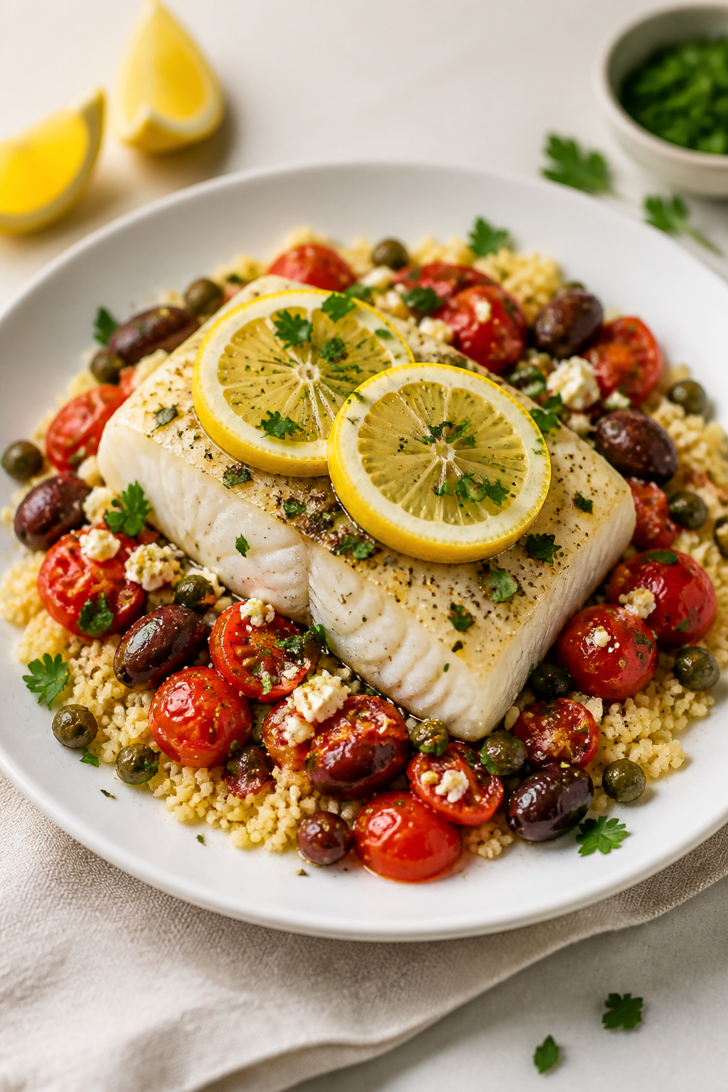 Final plated presentation, three-quarter angle: Restaurant-quality plate of Mediterranean White Fish