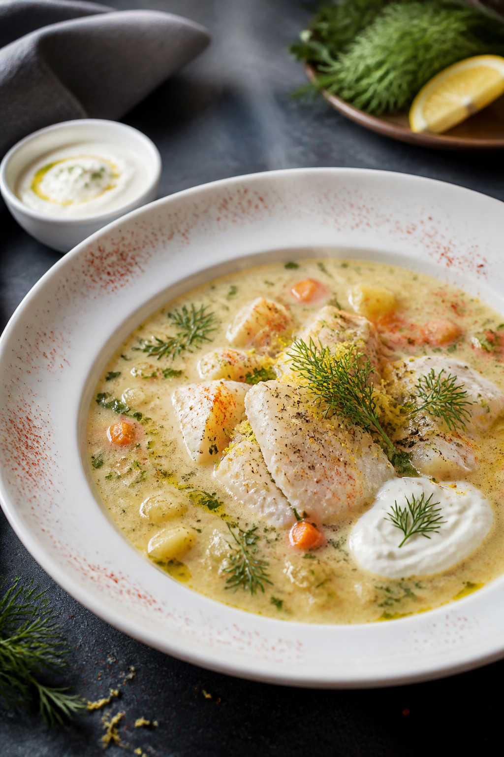 Final plated, restaurant-quality presentation: Elegantly plated Healthy Fish Chowder in a wide, shal