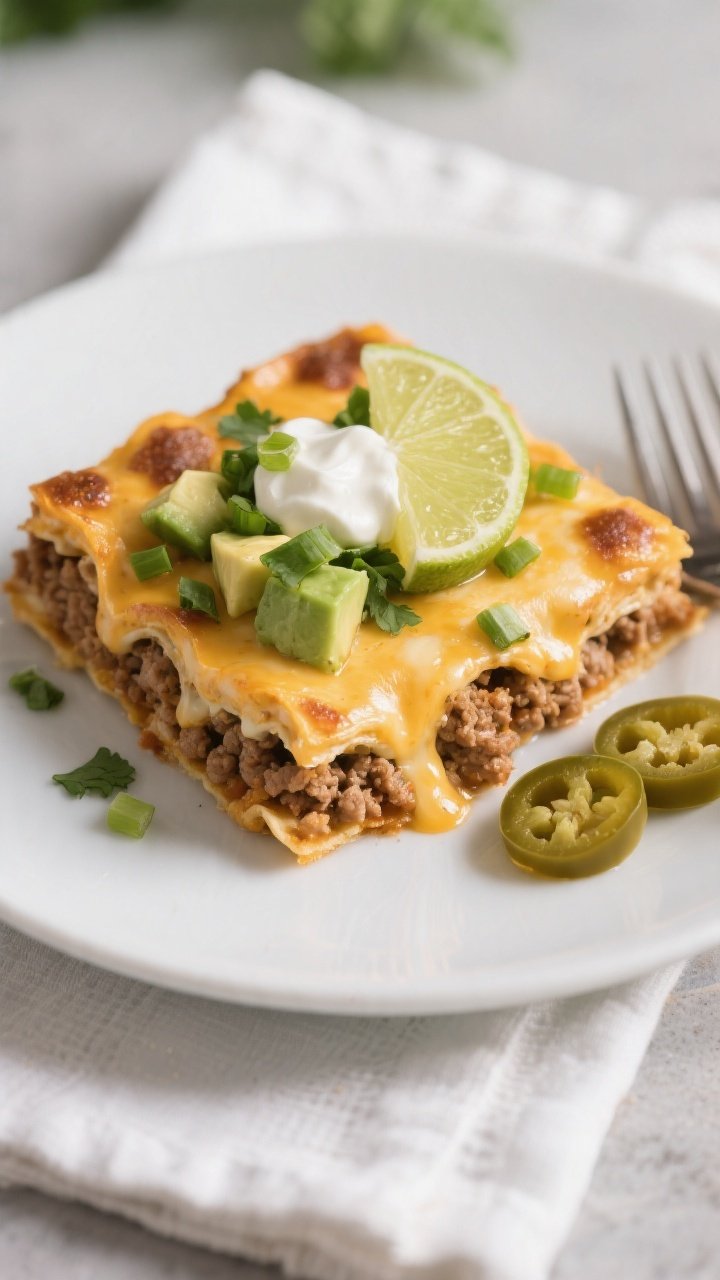 Final plated serving, hero shot: Beautifully plated square of Ground Turkey Taco Casserole on a matt