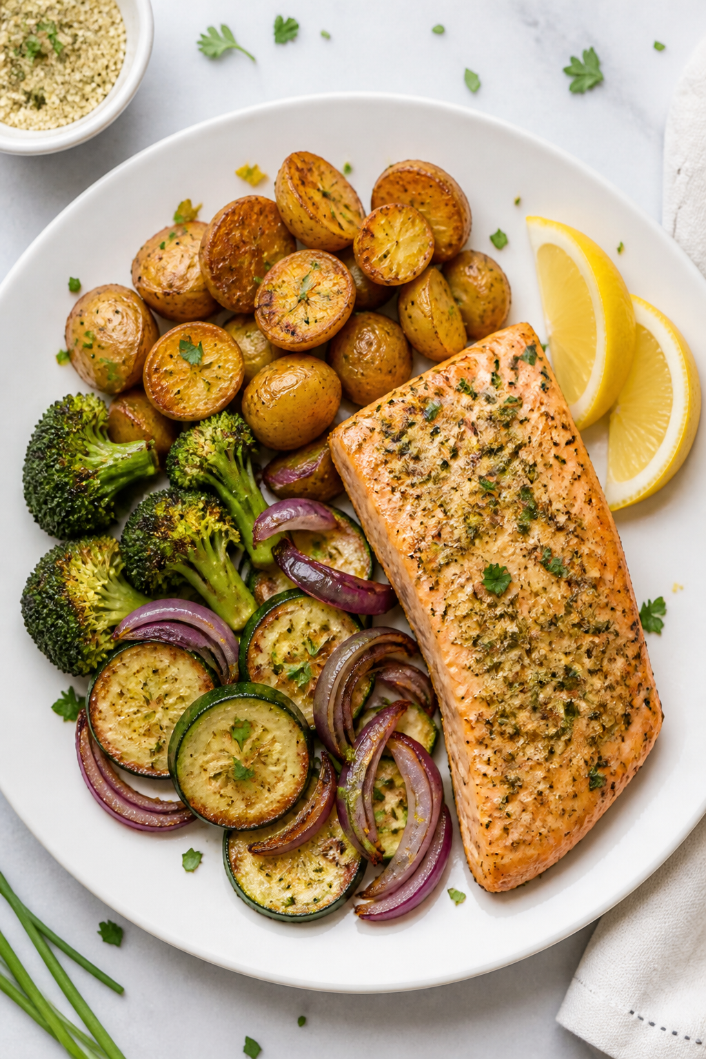 Final plated, top-down: Tasty top-view of a finished plate of Baked Ranch Salmon & Veggies arranged 