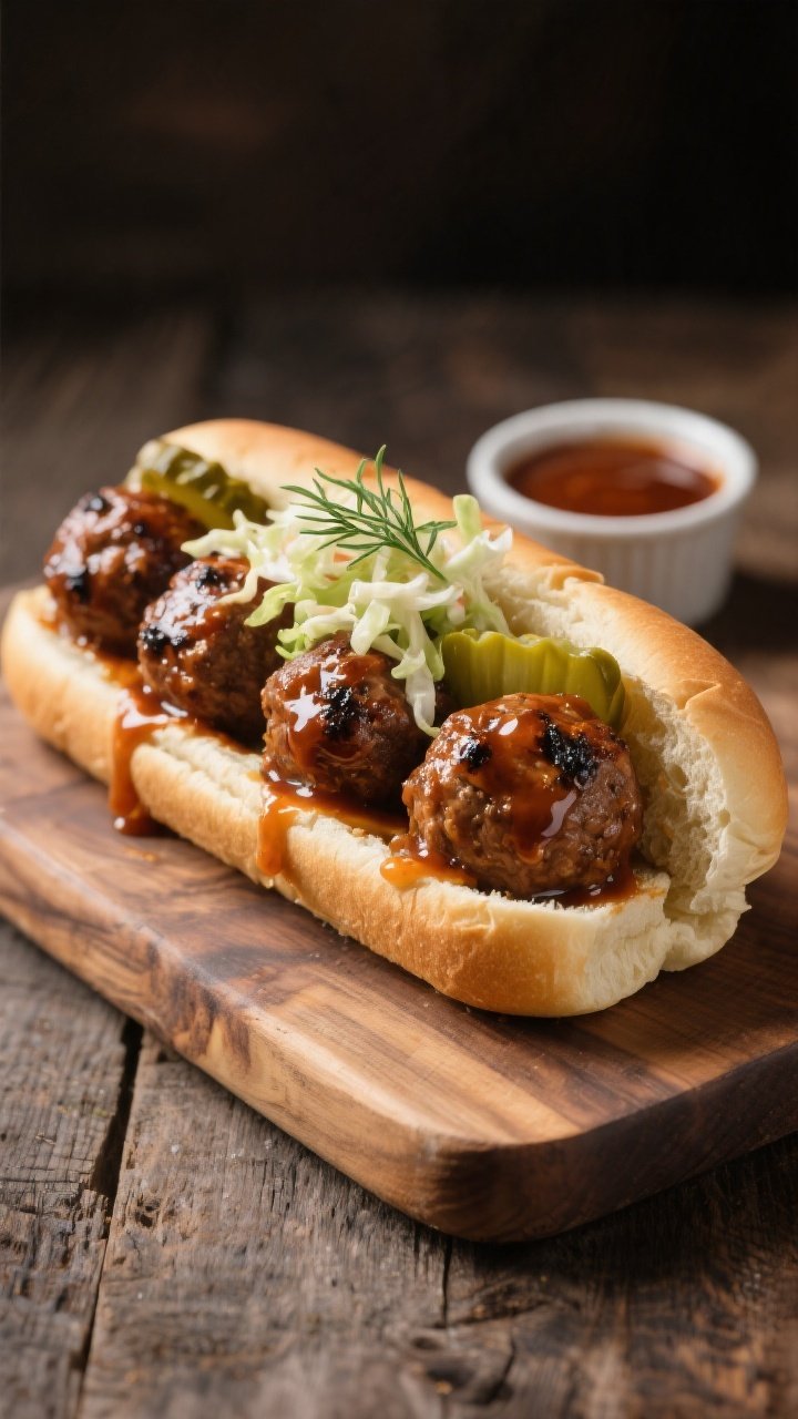 Final presentation, sub-style: beautifully plated BBQ meatball sub on a toasted soft roll, meatballs