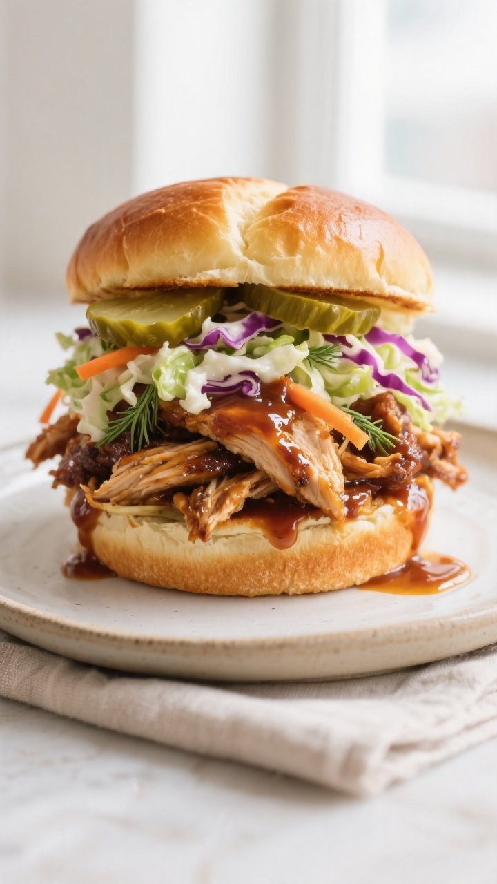 Final sandwich beauty shot: A towering BBQ pulled chicken sandwich on a toasted brioche bun, piled h