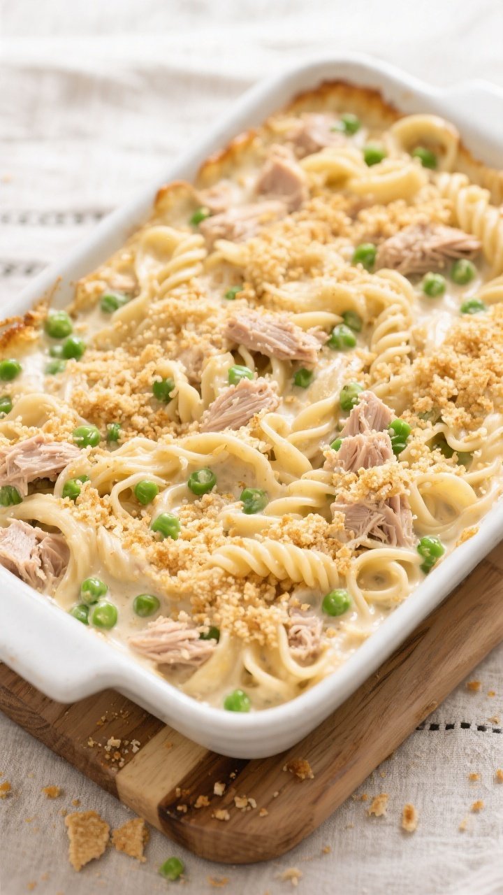 Overhead assembly and bake: of the assembled tuna noodle casserole in a 9x13 baking dish just before