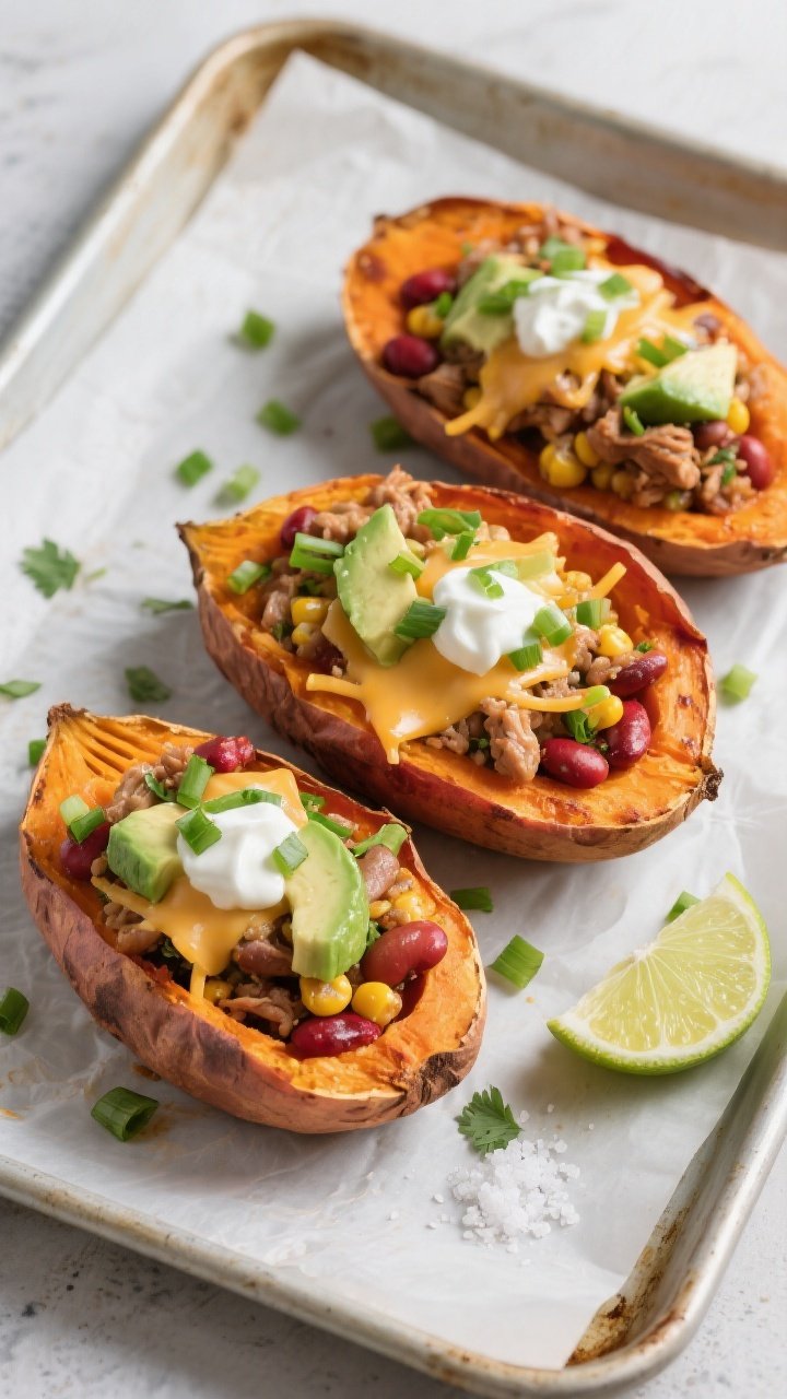 Overhead “load them up” shot: Split, roasted sweet potatoes on a parchment-lined sheet pan, skin