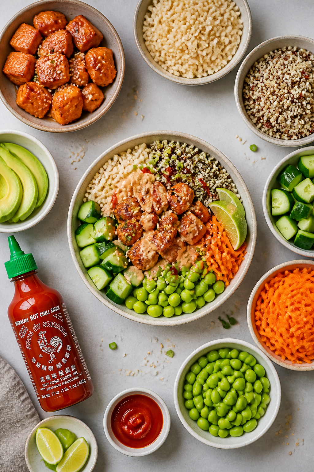 Overhead meal-prep/top view: Tasty top-down shot of multiple build-your-own bowls and components—s