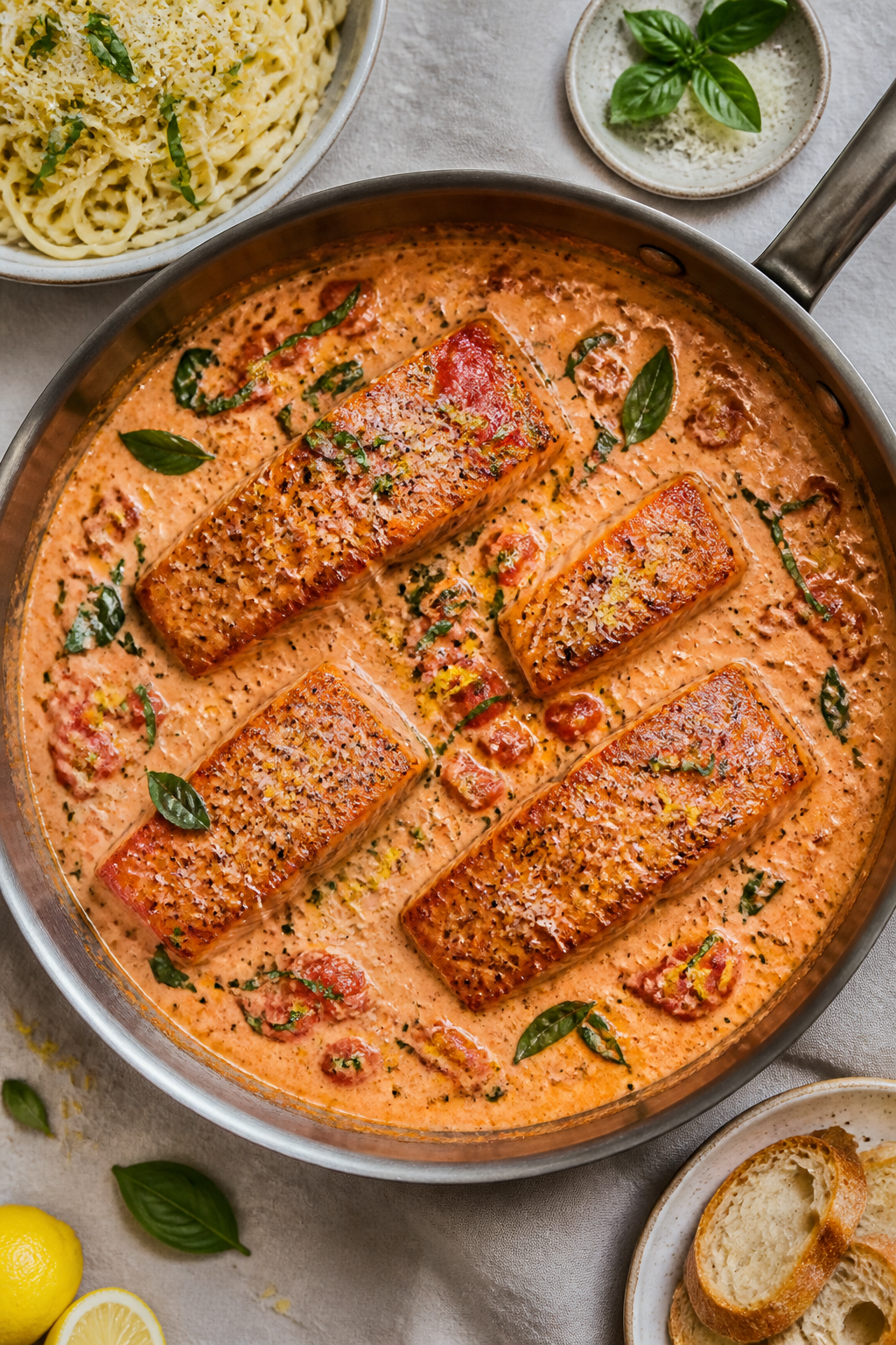 Overhead tasty top view: Creamy Tomato Basil Salmon in a wide skillet, four fillets nestled in a vel