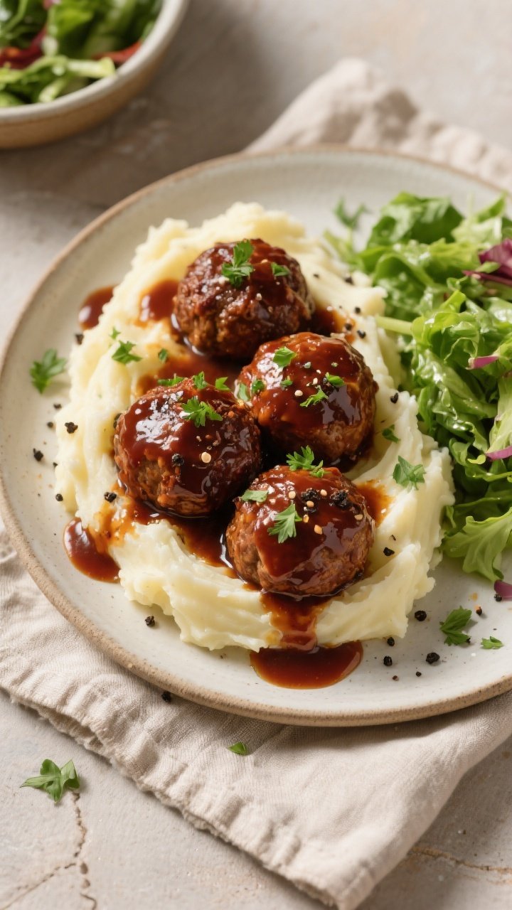 Overhead “tasty top view” of a dinner plate: saucy baked BBQ meatballs nestled over creamy mashe