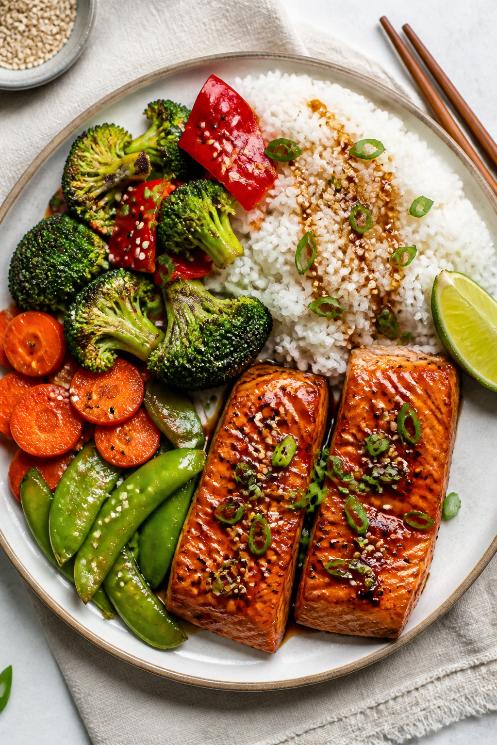 Overhead “tasty top view” of the finished Sheet Pan Teriyaki Salmon Dinner plated with steamed j