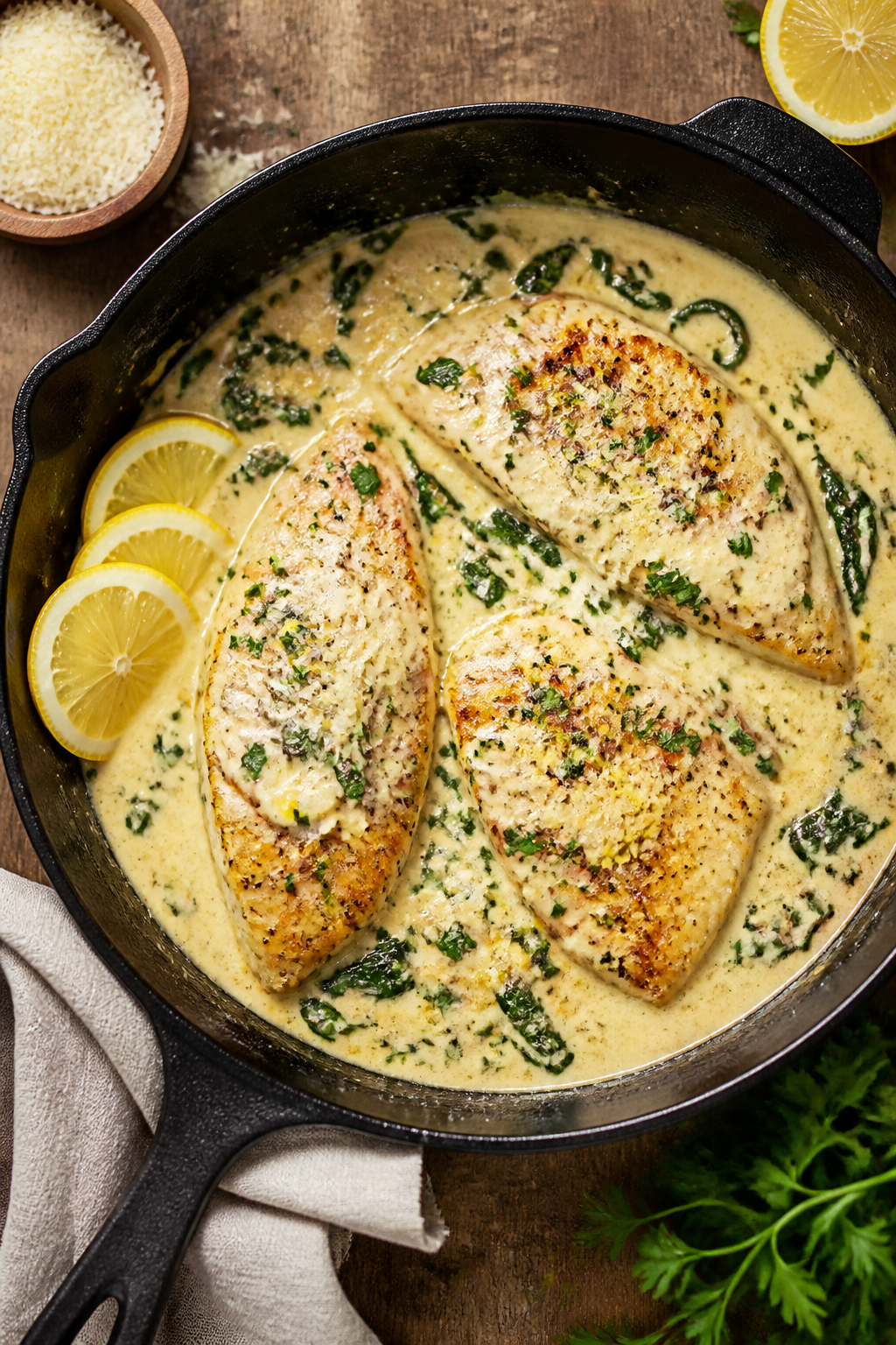 Overhead “tasty top view” of the skillet: Creamy garlic Parmesan fish skillet nestled in a silky